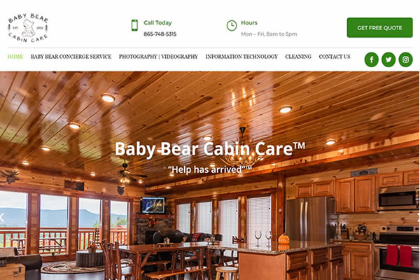 Image of Baby Bear Cabin Care homepage of website.